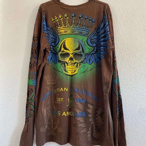 CHRISTIAN AUDIGIER ED HARDY MENS PLATINUM GRADIENT  SKULL  SHIRT SIZE XL - Picture 2 of 13